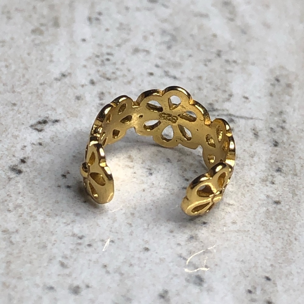 925 Sterling Silver Gold Flower Ear Cuff - Picture 9 of 16